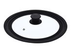 Round glass pot lid with a black silicone rim and a black knob handle.