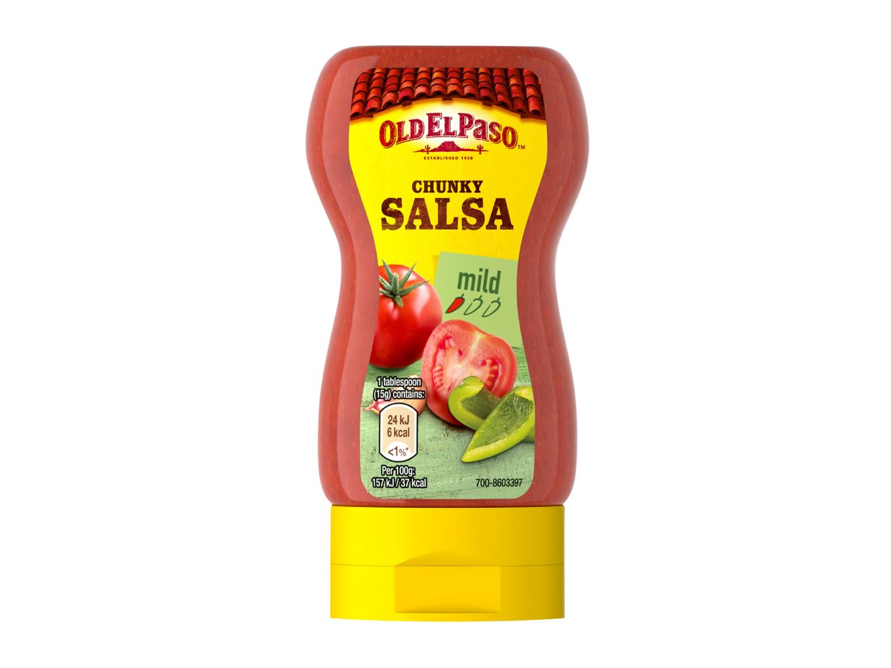 A squeeze bottle of mild chunky salsa with tomatoes and green peppers on the label.