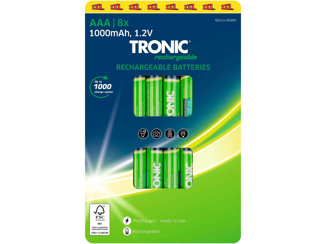 TRONIC AAA újratölthető elemek, 8 darabos csomagban, 1000 mAh kapacitással.