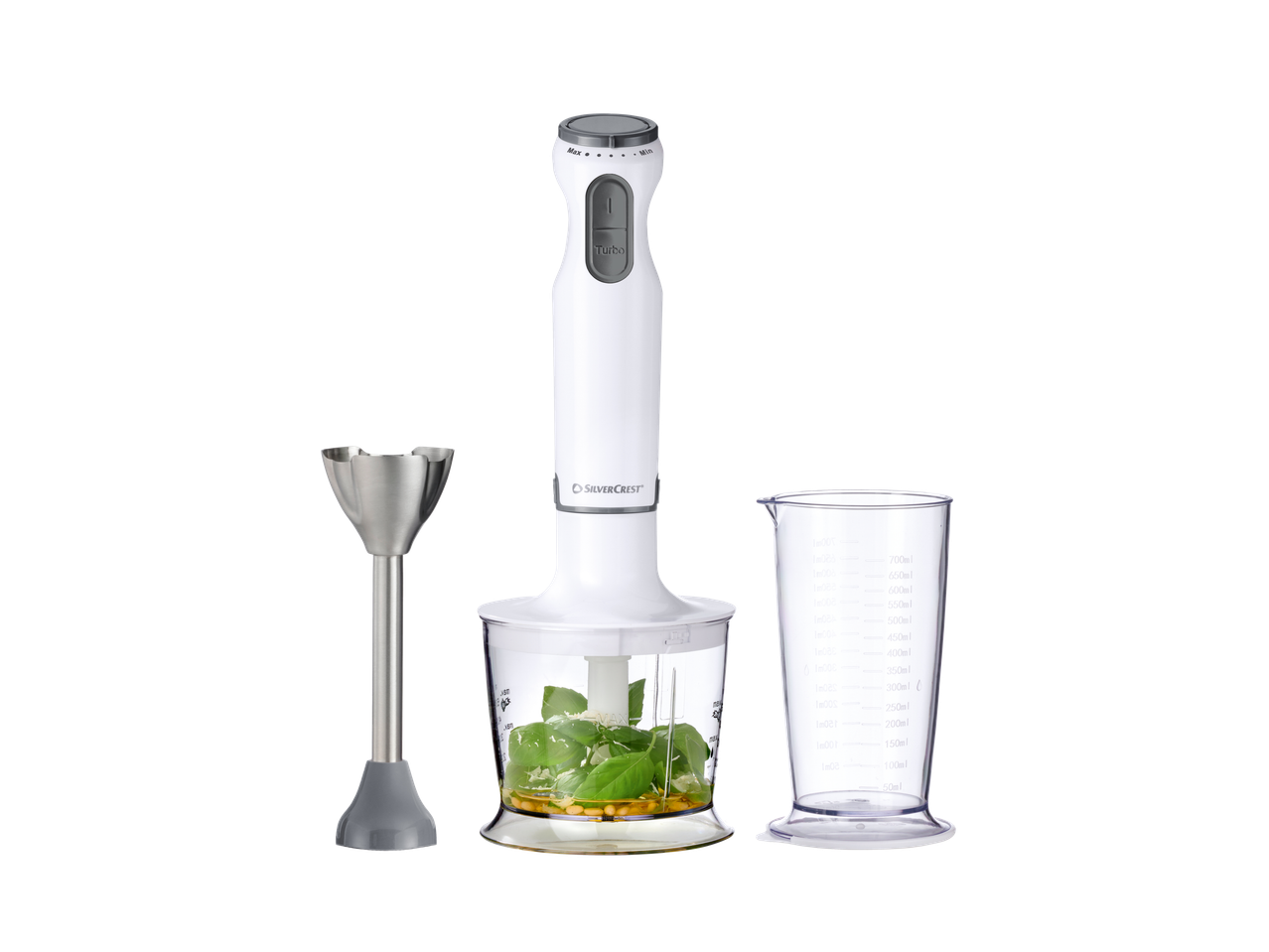 Balts rokas blenderis ar smalcinātāju, mērglāzi un nerūsējošā tērauda piederumu.