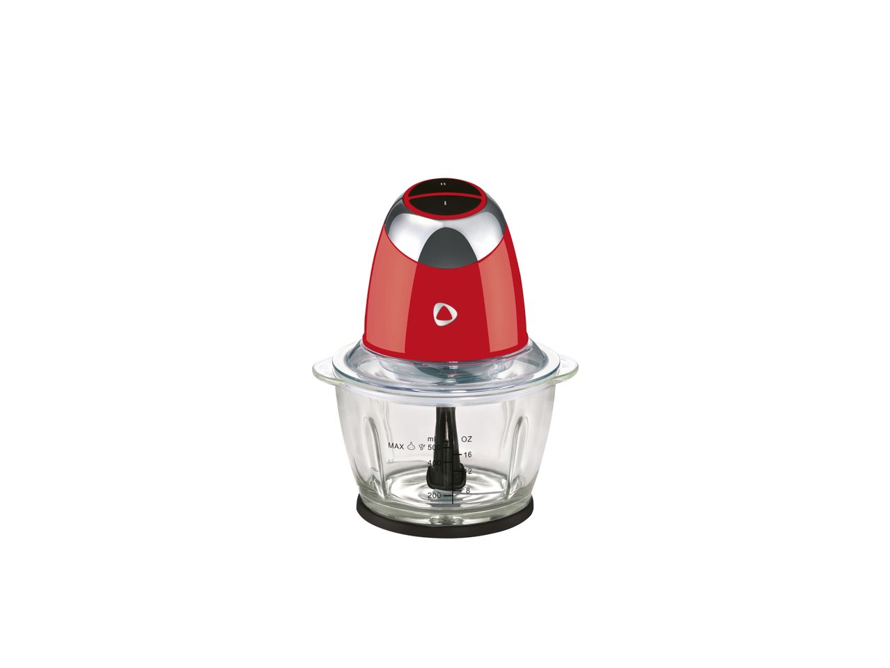 Red and silver electric food chopper with a clear glass bowl