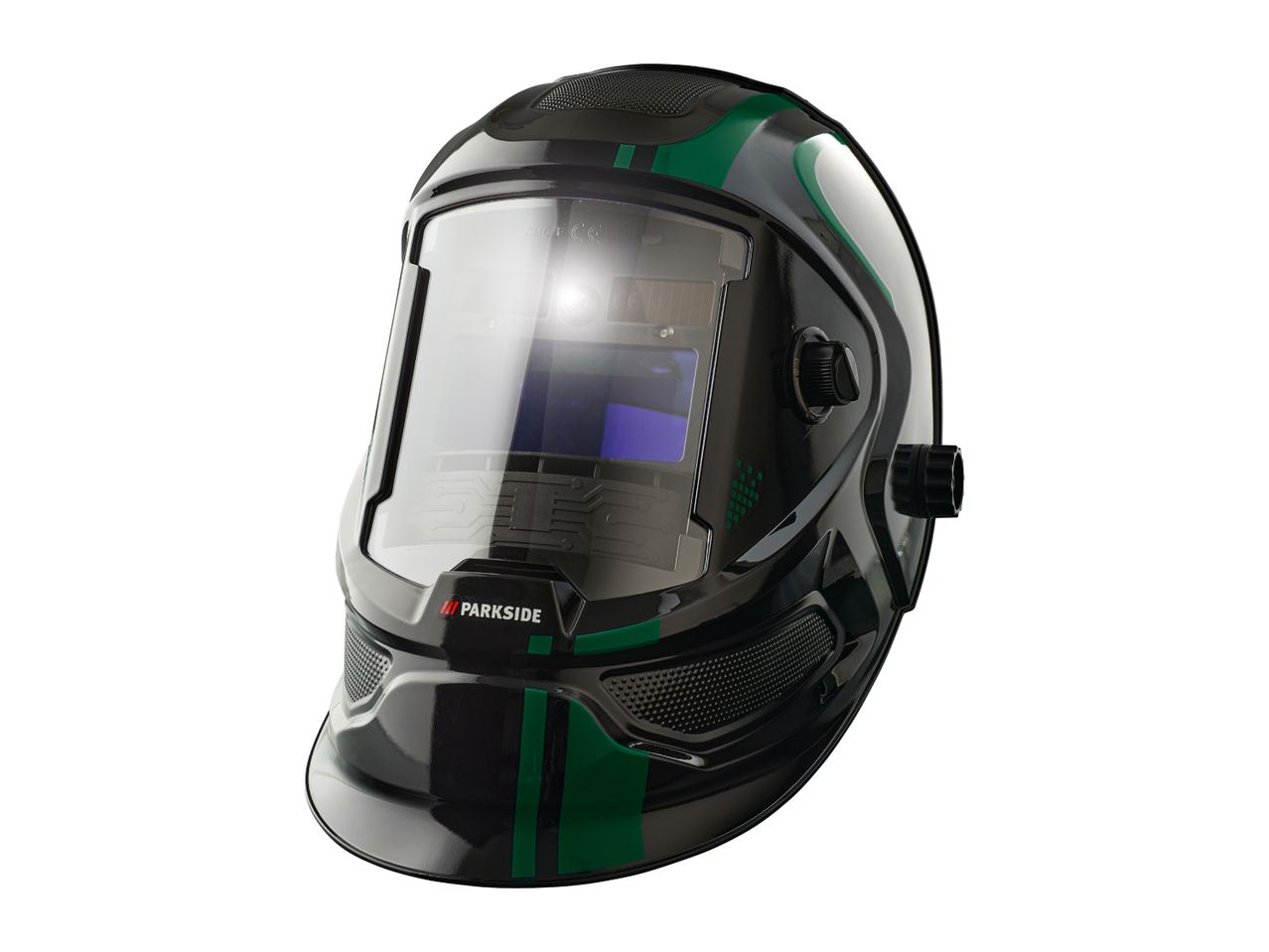A Parkside welding helmet with a green stripe design.