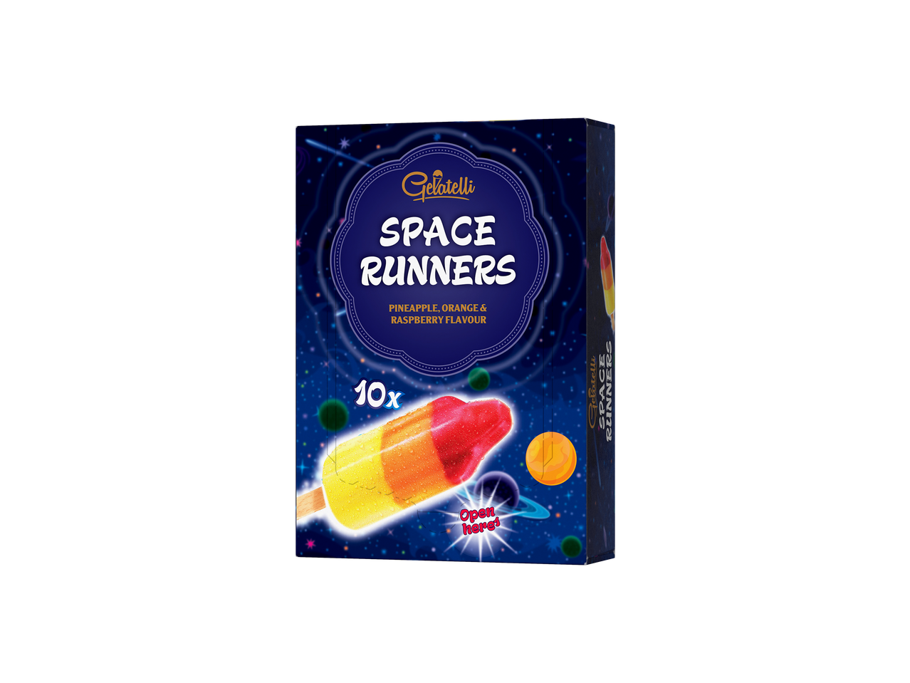 Gelatelli Space Runners : 10 glaces en forme de fusée au goût ananas, orange et framboise.
