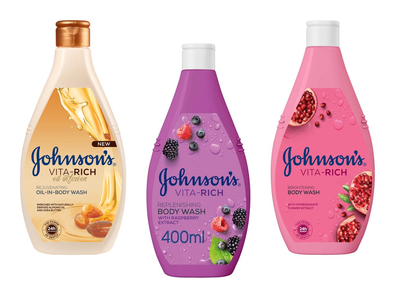 Trei sticle de loțiune de corp Johnson's, cu arome de caramel, fructe de pădure și rodie.