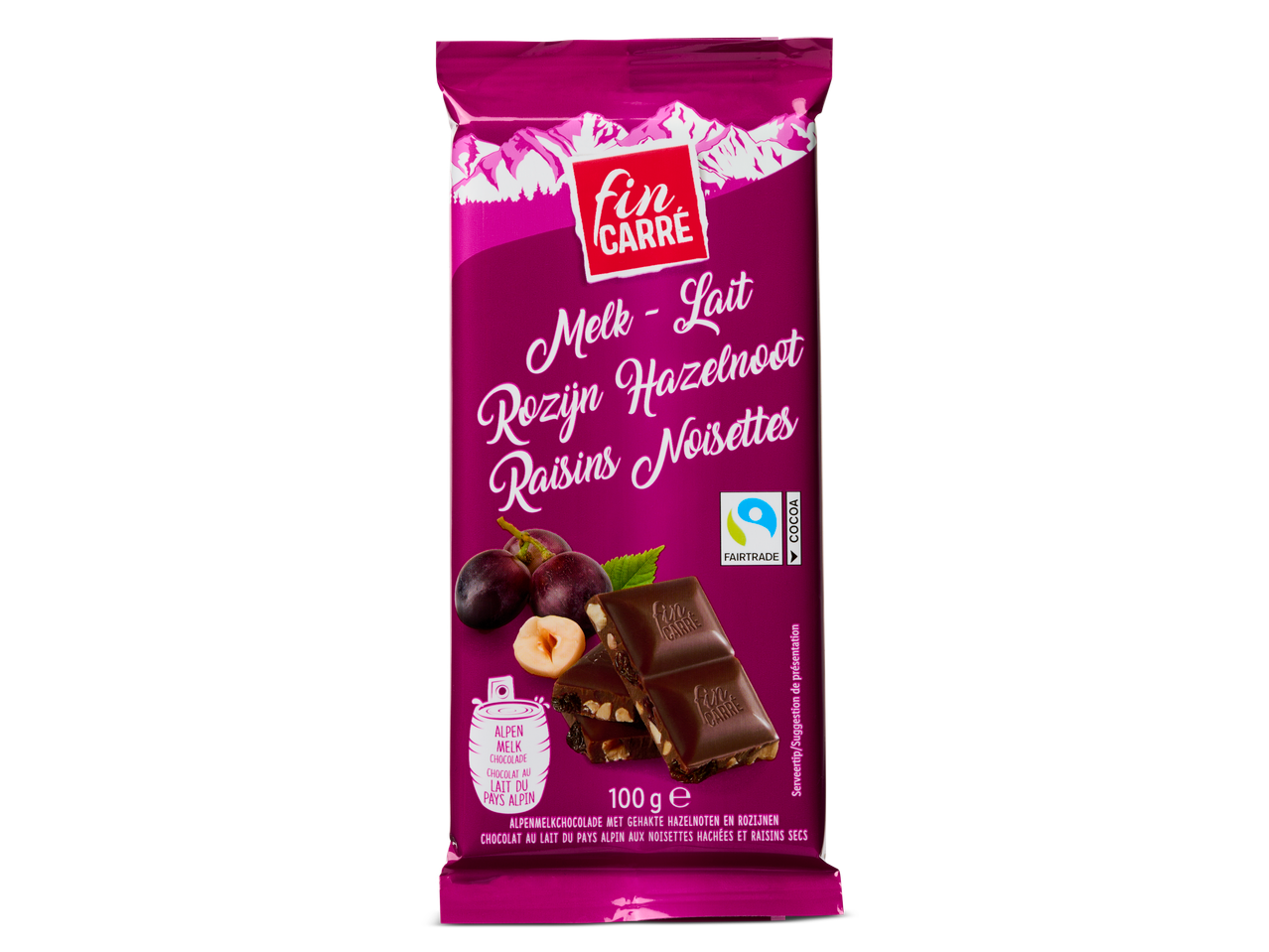 Fin Carré melkchocolade reep met hazelnoten en rozijnen.