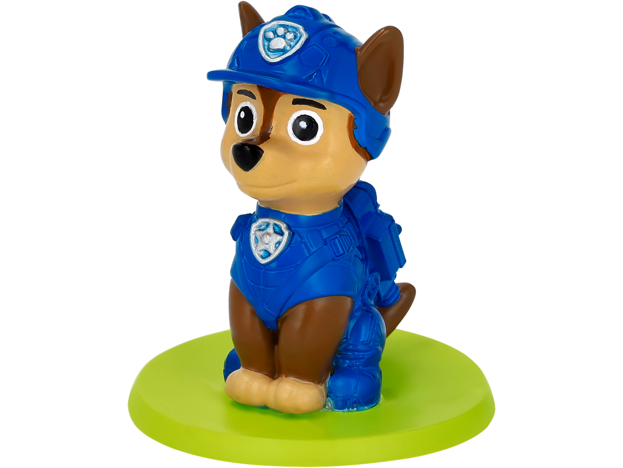 Speelgoedhond in blauw politie-uniform op groene basis