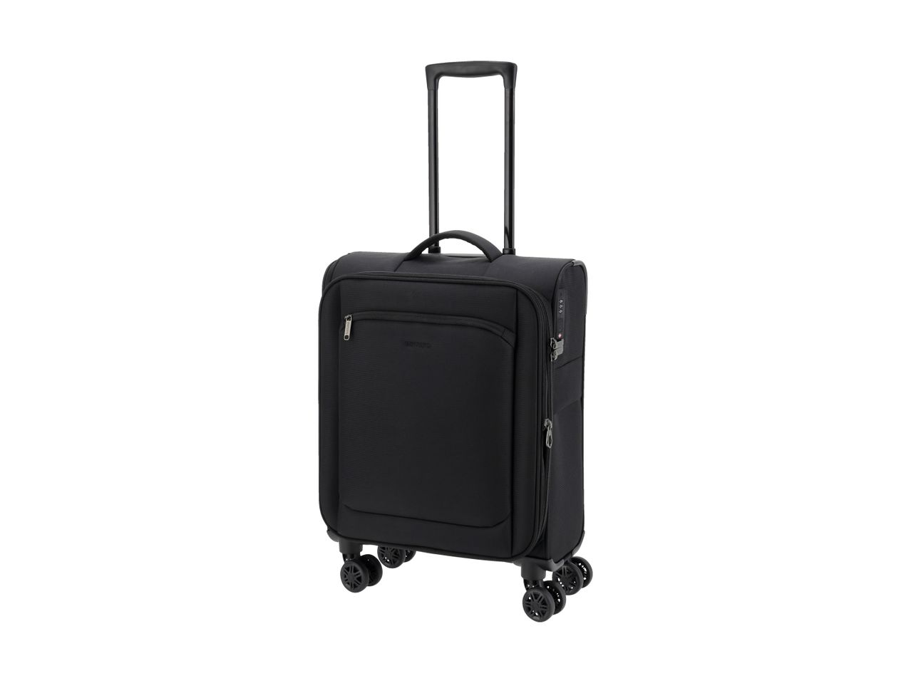 Black soft-sided carry-on luggage with an extended handle and four spinner wheels