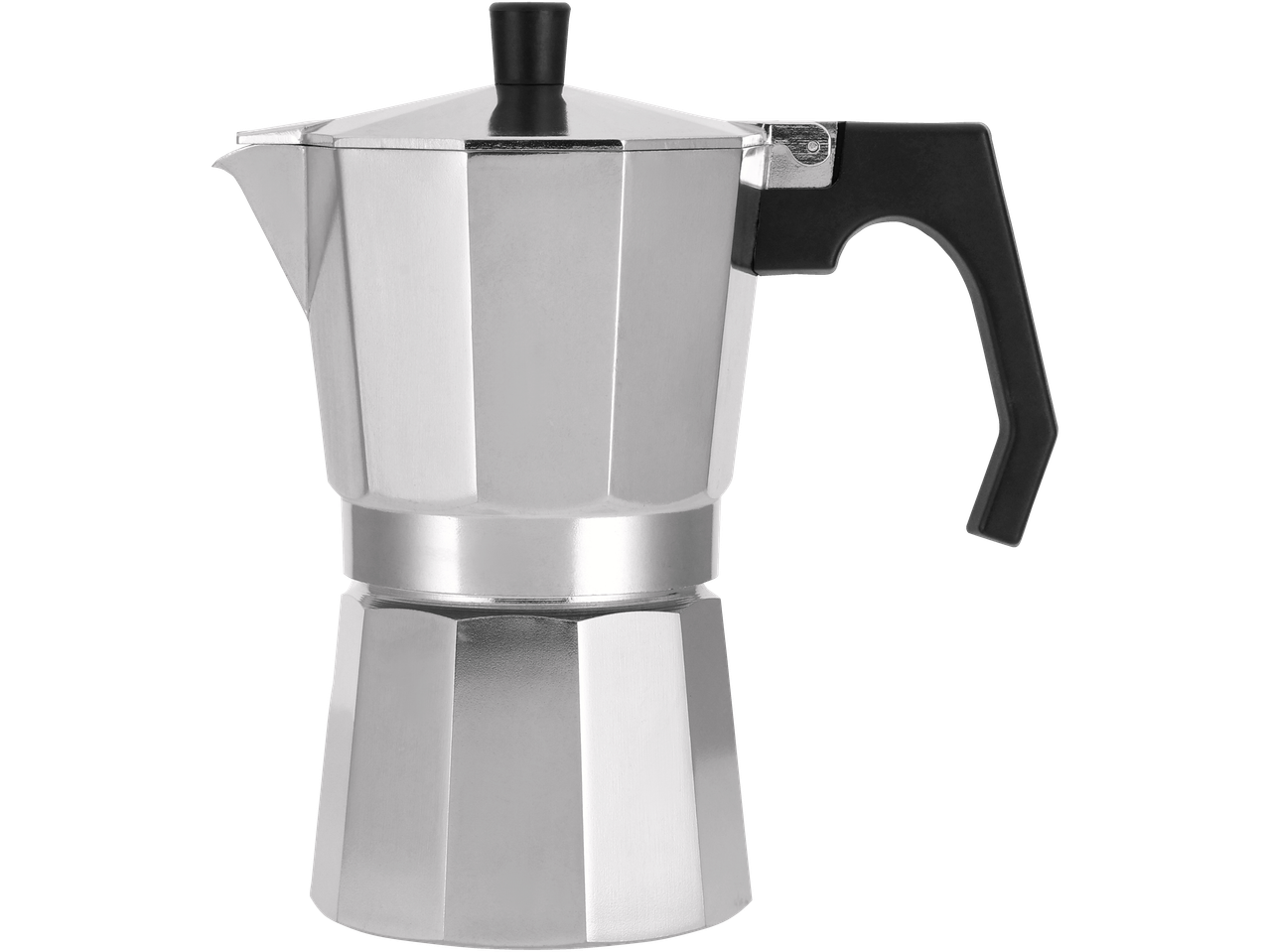 SILVERCREST espreso kavinukas, sidabro spalvos moka puodas su juoda rankena.
