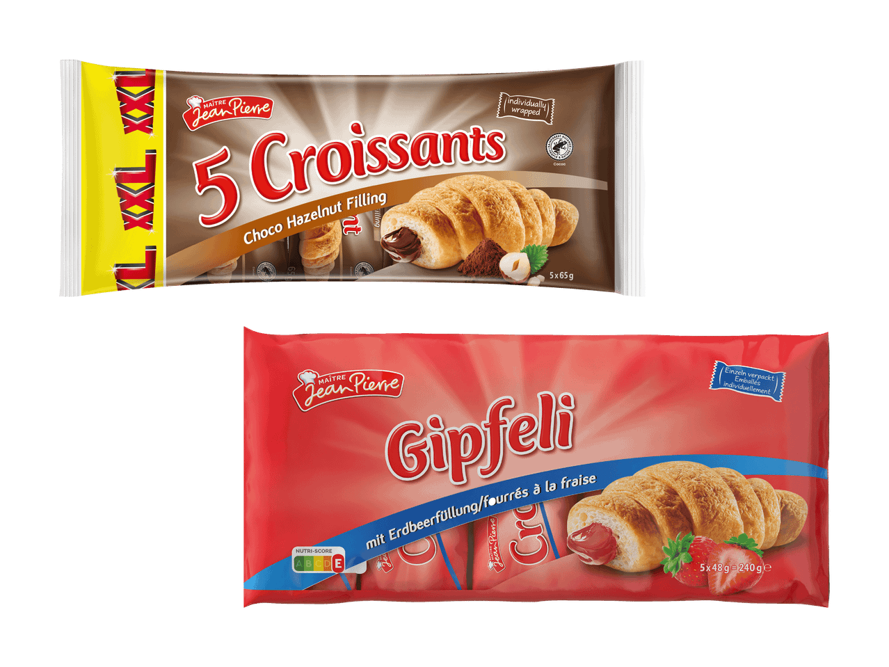 Zwei Packungen Croissants, eine mit Schoko-Haselnuss-Füllung und eine mit Erdbeerfüllung.