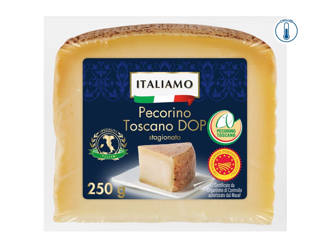 Pecorino Toscano DOP stagionato cheese, 250g, with a chilled icon.