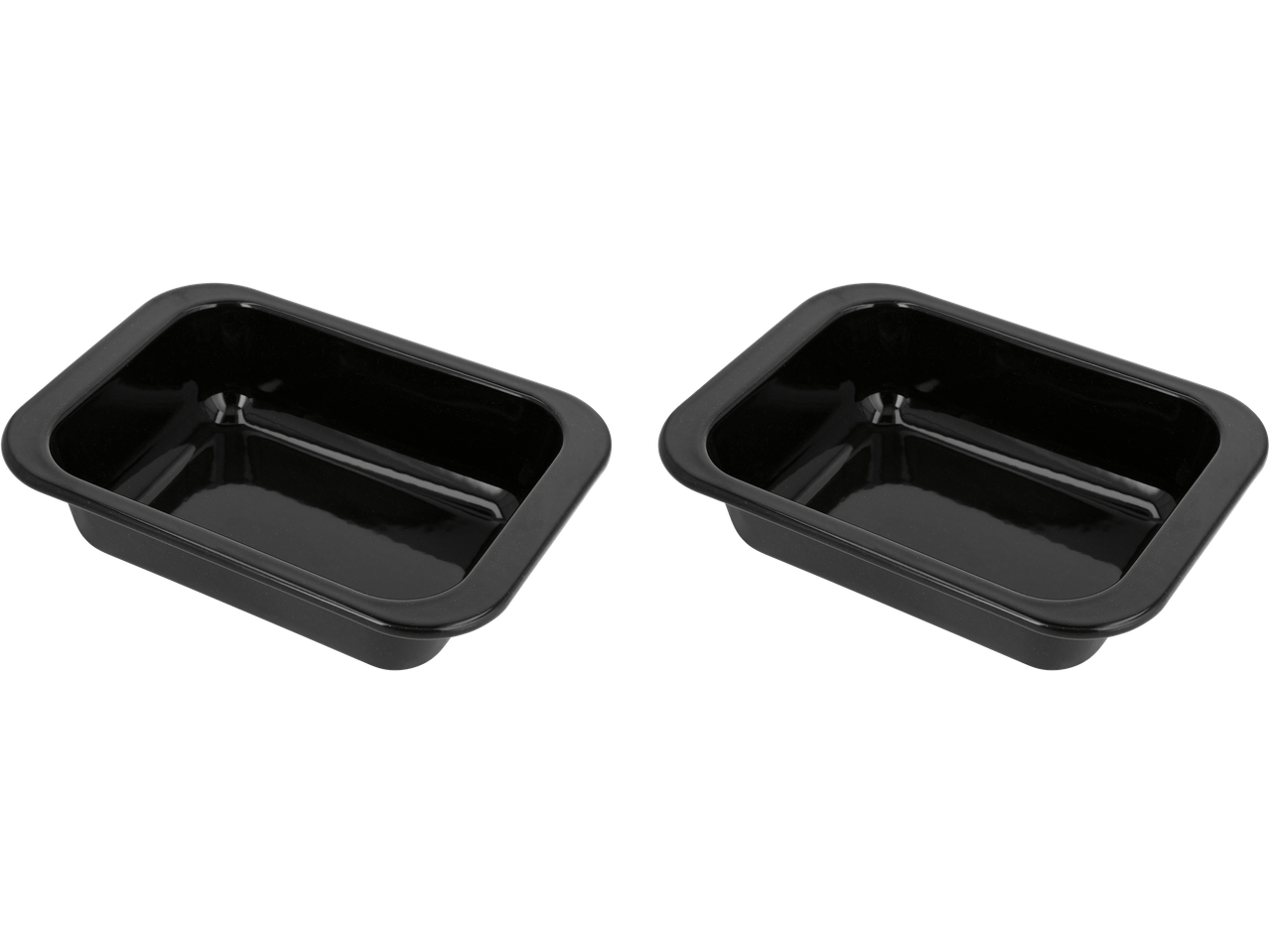 Two black rectangular baking dishes with rounded corners, side by side.