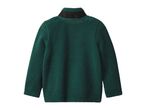 Back view of a dark green fleece jacket with a black collar.