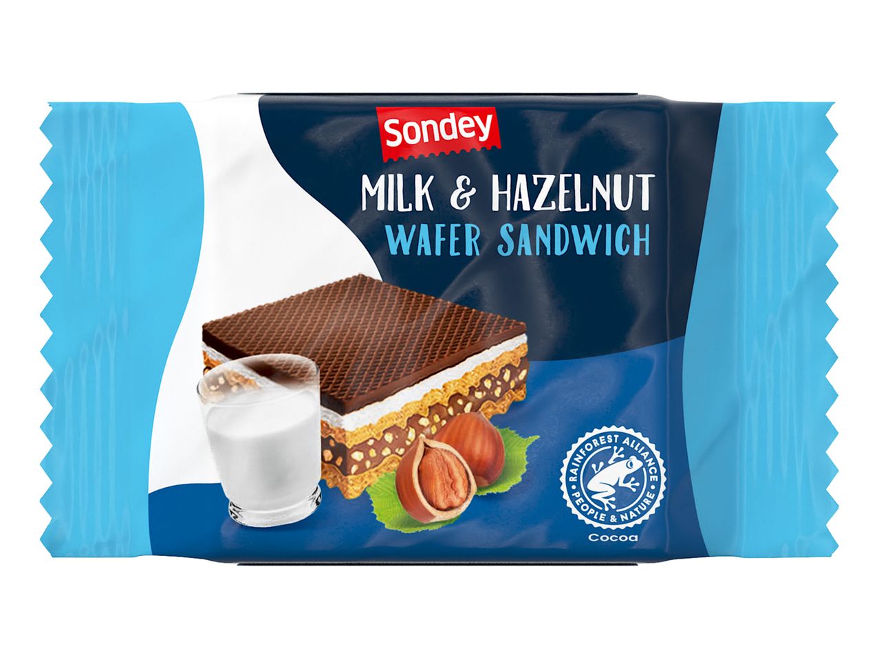 Milk & Hazelnut Wafer Sandwich packaging with a wafer, milk, and hazelnuts.