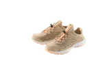 Pair of beige and orange athletic shoes with quick-lace system.