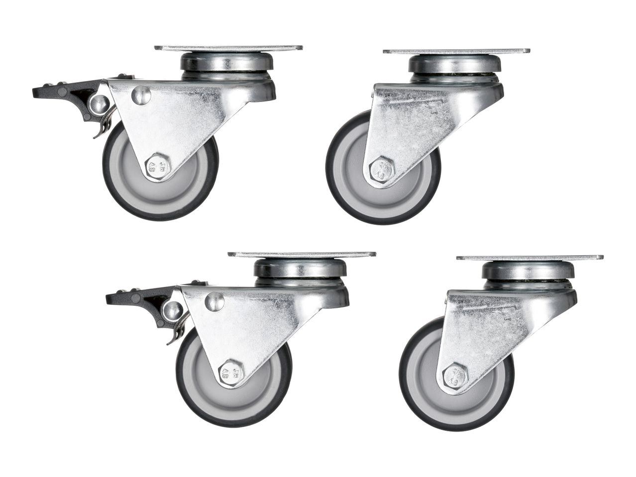 Four heavy-duty swivel casters with grey wheels.