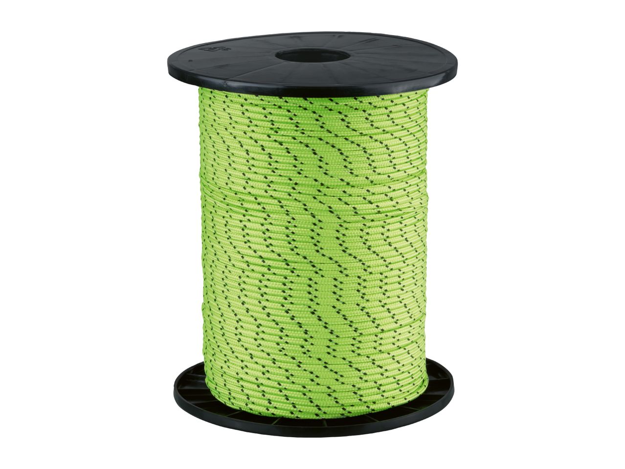 Spool of bright green rope with black flecks, ideal for various outdoor activities.