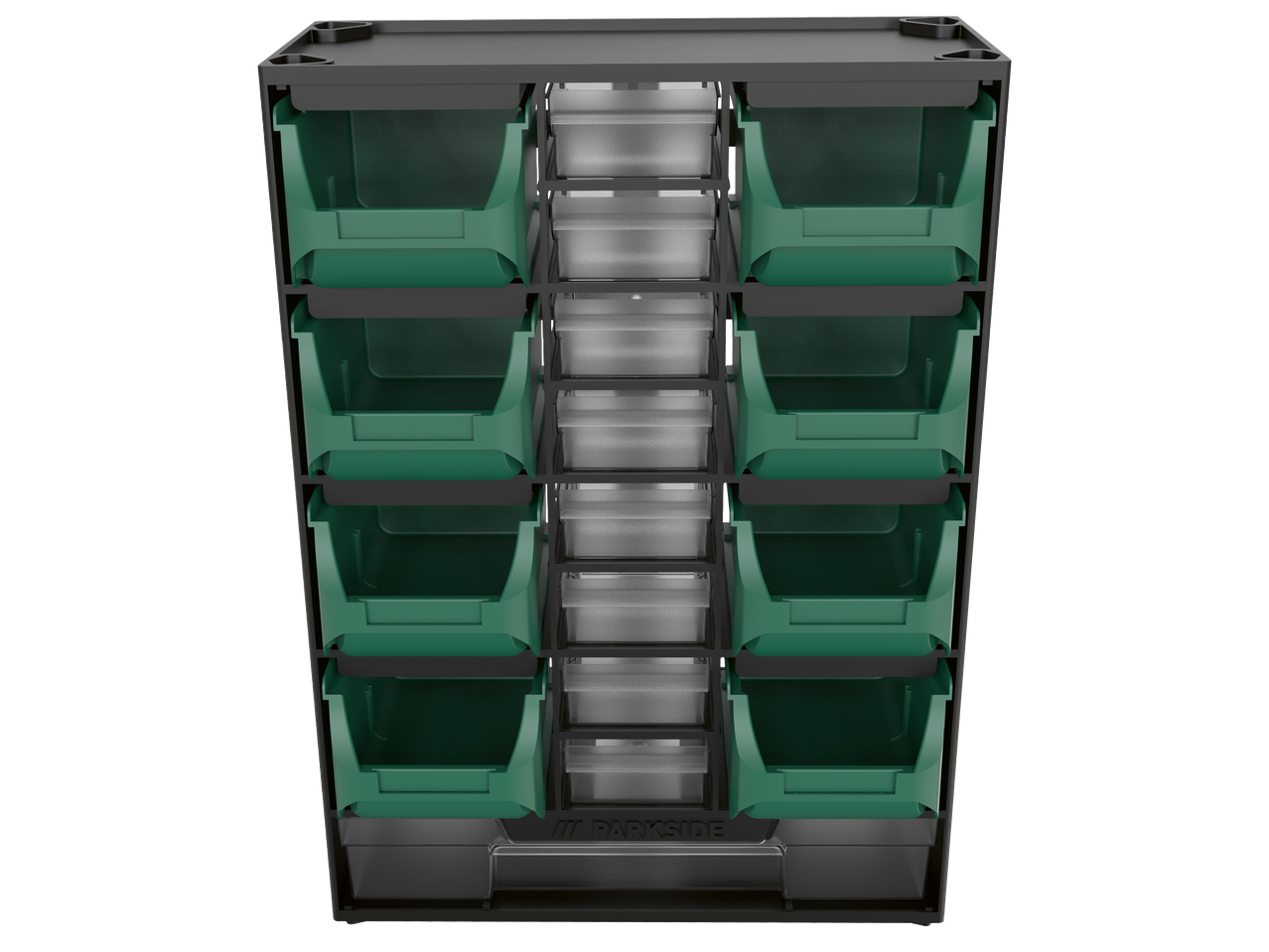Органайзер за съхранение Parkside с 8 зелени кутии и 8 прозрачни чекмеджета.