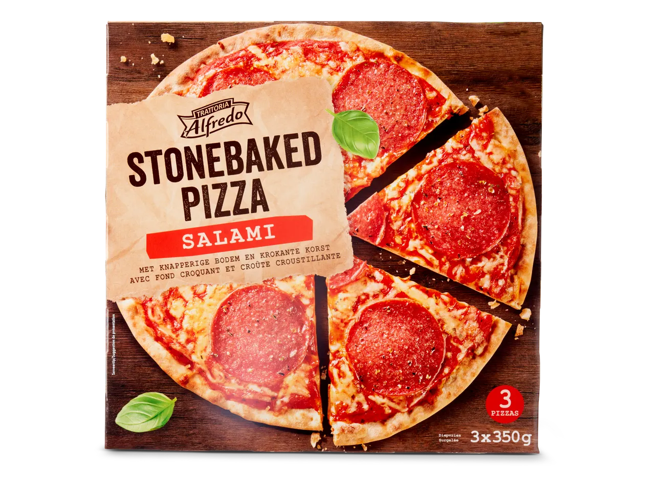 Trattoria Alfredo salami pizza's: 3 stenen pizza's met knapperige bodem.