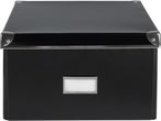 Black storage box with lid and label.