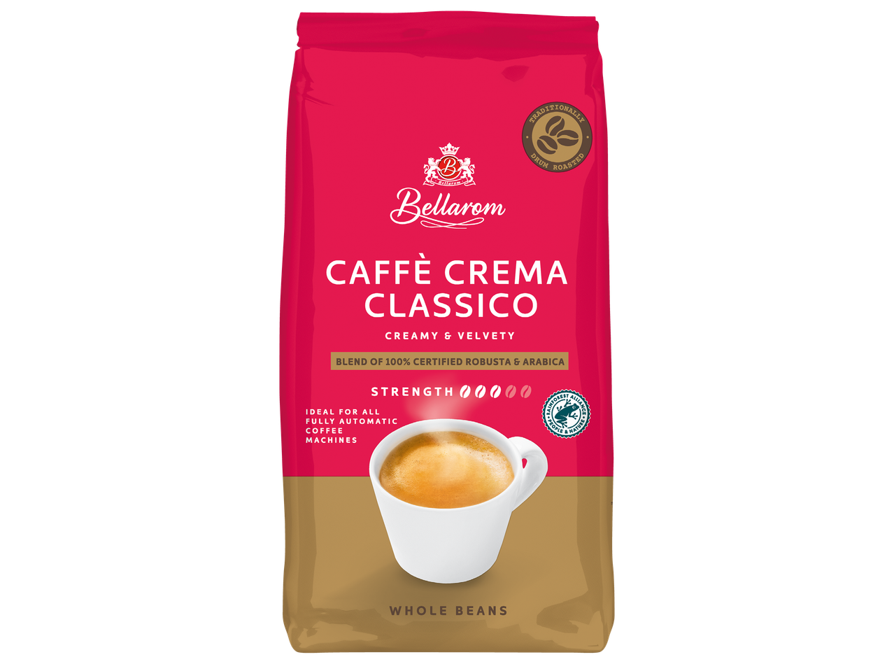 Опаковка кафе на зърна Caffè Crema Classico с надпис „Кремообразно и кадифено“