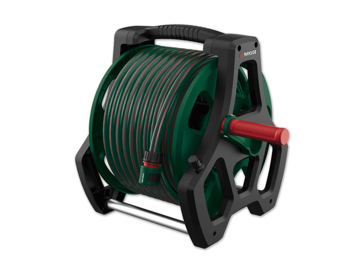 Gartenschlauchwagen mit aufgerolltem grünem Schlauch und rotem Griff