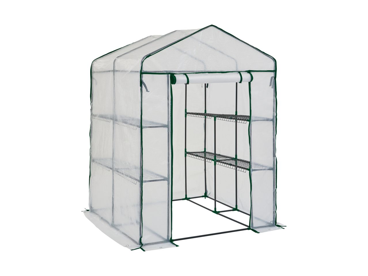 Et bærbart drivhus med en gennemsigtig presenning, grønne kanter og indvendige hylder.