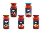 Fem glas italiensk pastasauce i forskellige smagsvarianter, herunder Calabrese, Tonno og Olive.