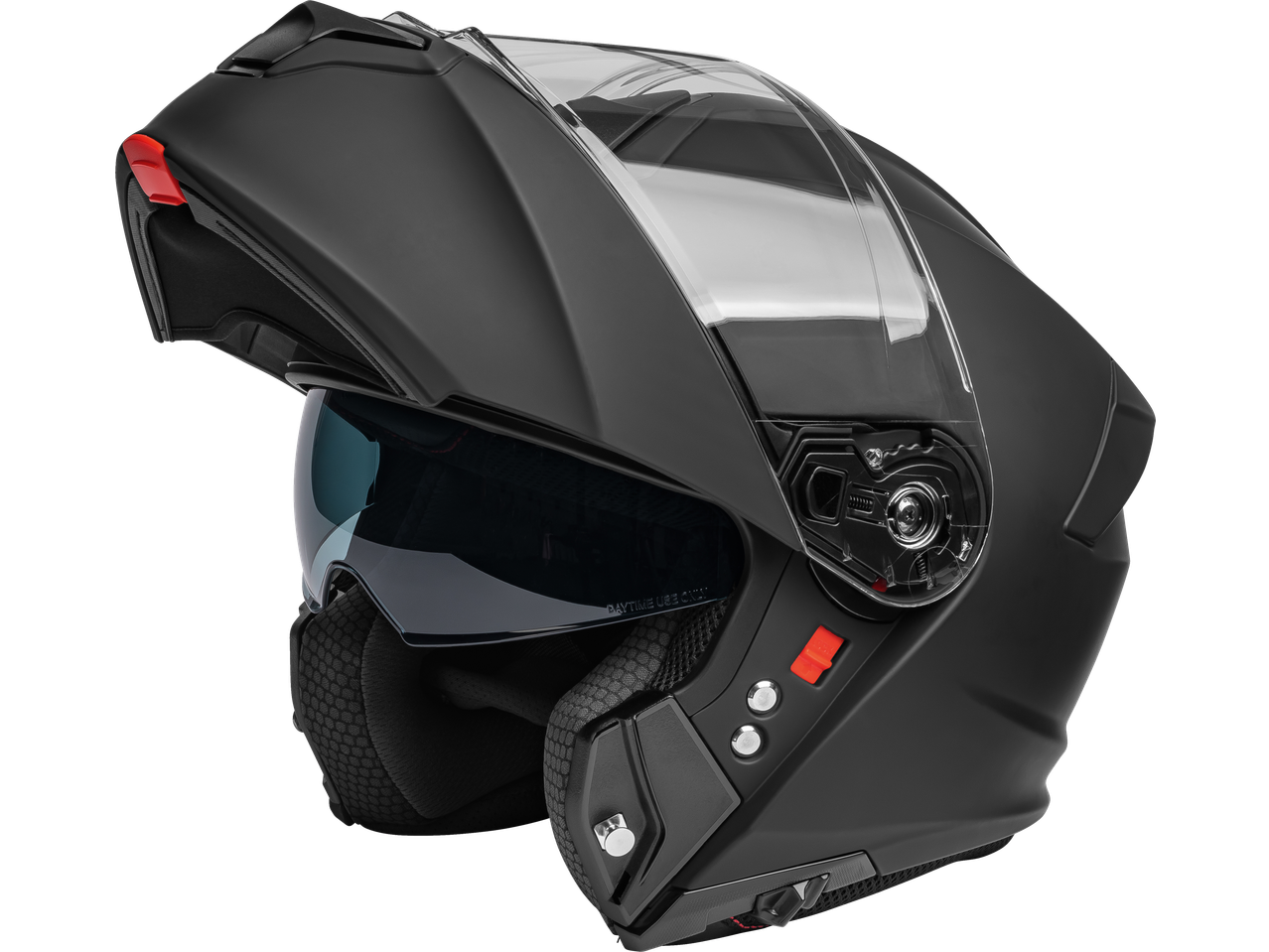 Ultimate Speed® atverčiamasis motociklo šalmas matinės juodos spalvos su skaidriu ir tamsintu skydeliu.