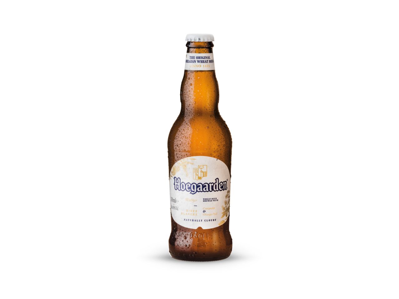 Boca Hoegaarden piva, belgijskog pšeničnog piva, prekrivena kapljicama vode.