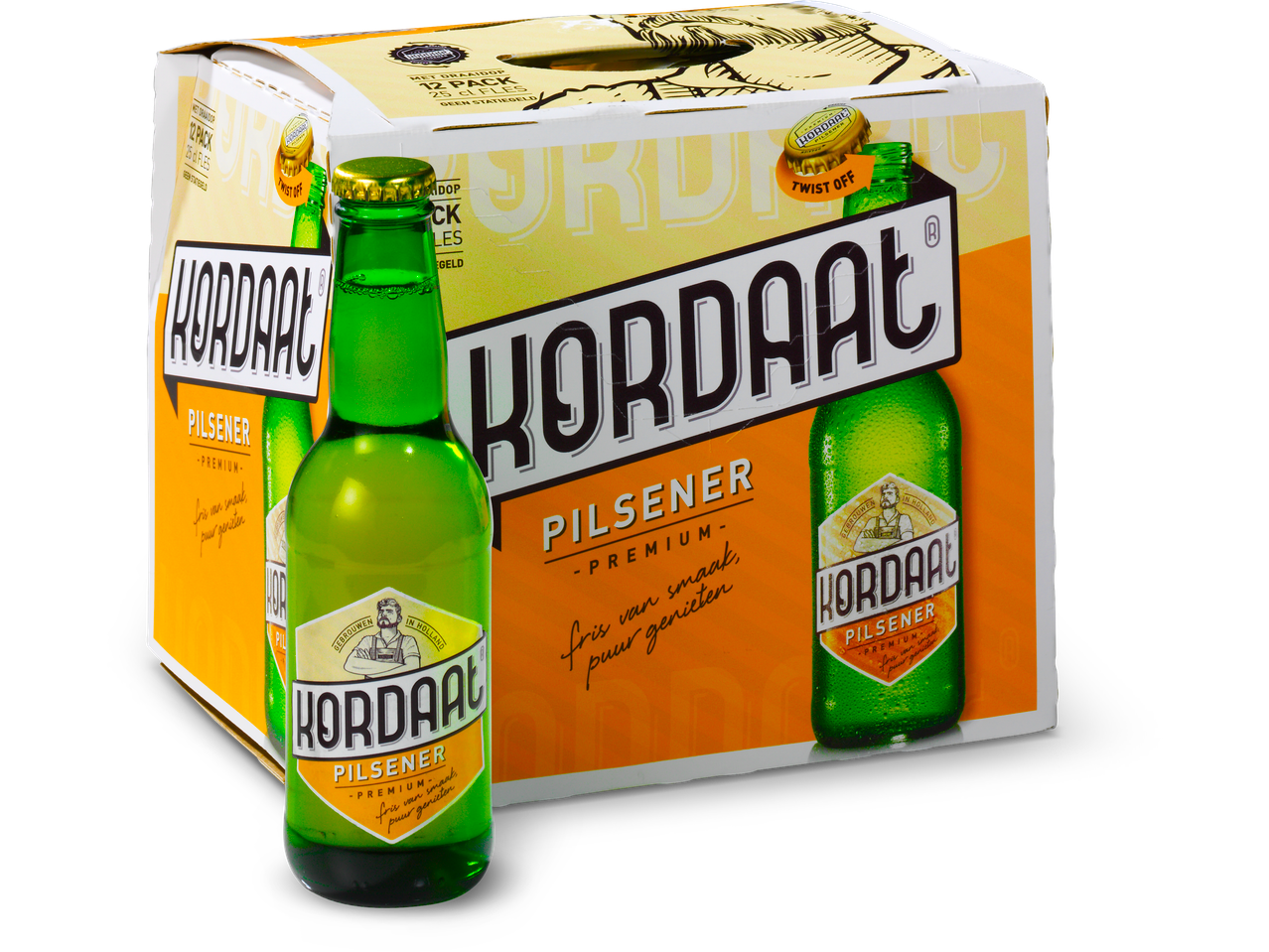12-pack Kordaat Premium Pilsener bier in groene flessen.