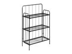Black metal 3-tier shelving unit with slatted shelves and a decorative backrest.