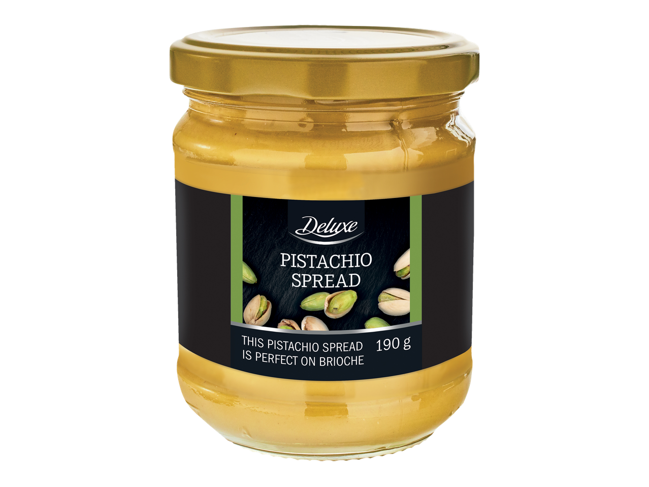 Borcan de pastă de pistacii Deluxe de 190g, perfectă pe brioșă.