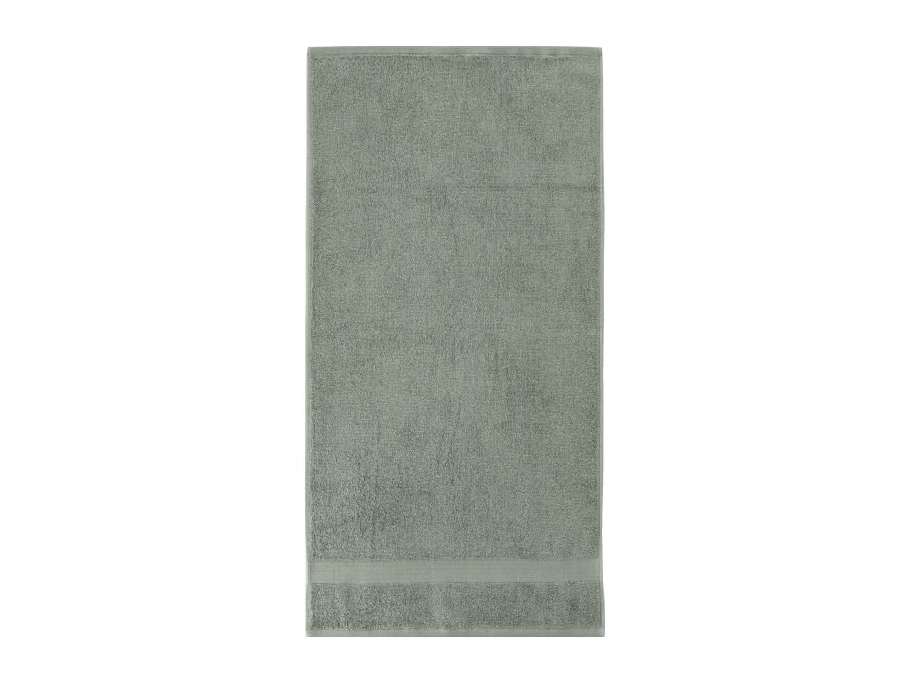 A single, rectangular, light green bath towel with a textured surface and a decorative band.