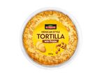 Mexican-style tortilla with frijoles, potatoes, and cheese, in a round container.