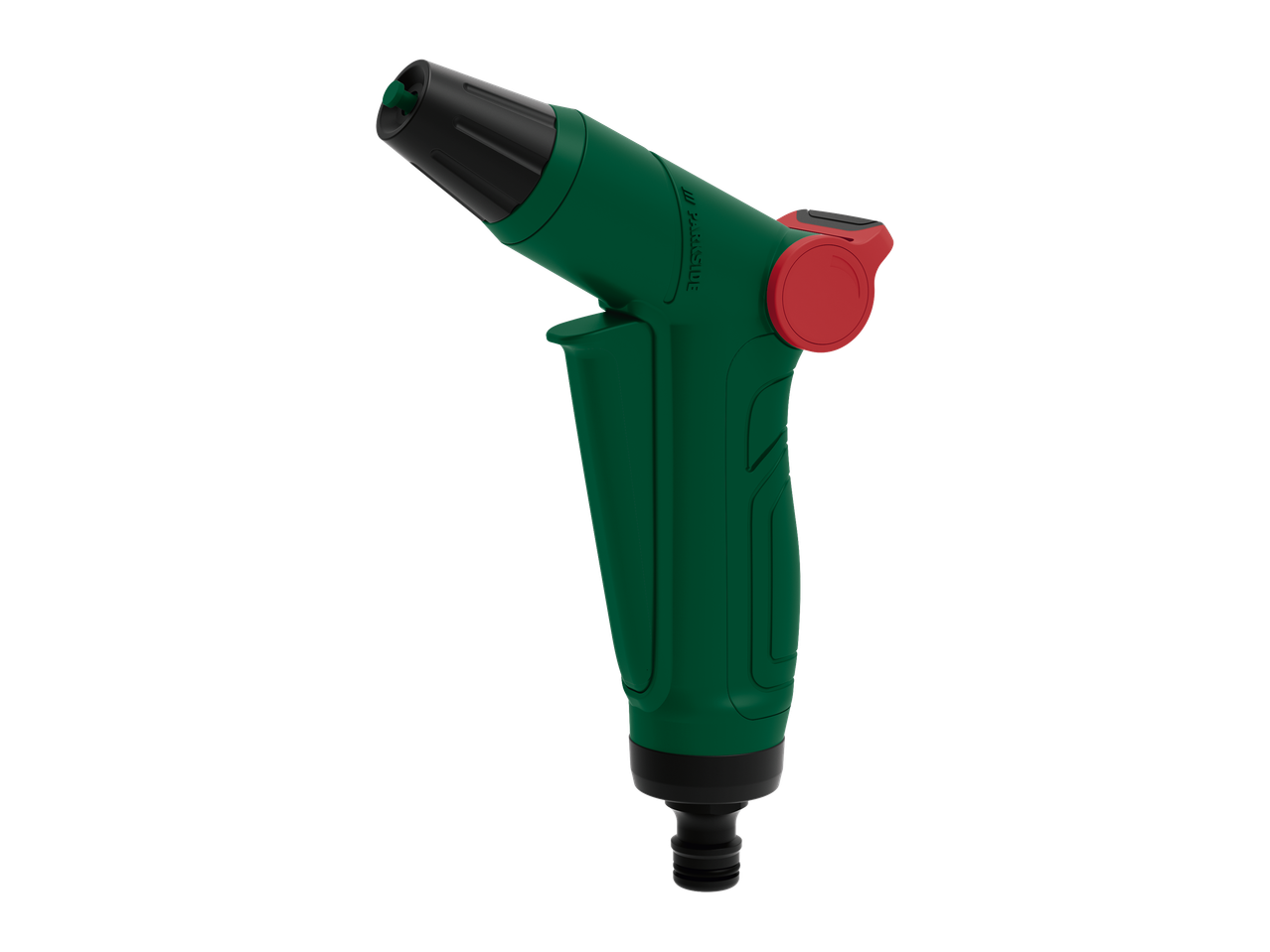 Pistolet d'arrosage vert et rouge avec buse noire et raccord de tuyau.