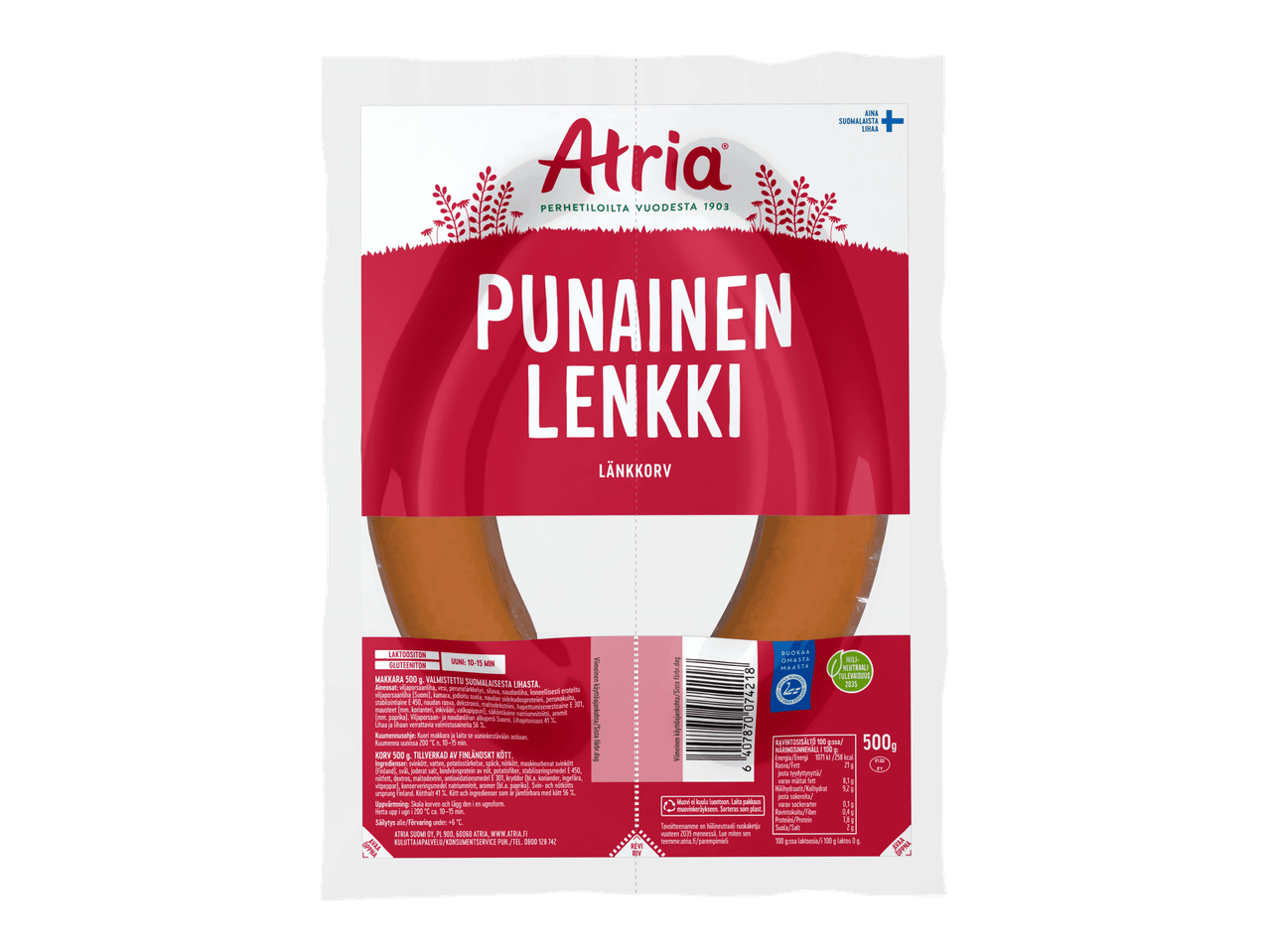 Atria Punainen Lenkki -pakkaus, jossa on kaksi makkaraa ja tuotetietoja.