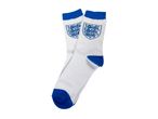 Pair of white socks with blue cuffs, heels, and toes, featuring the England football crest.