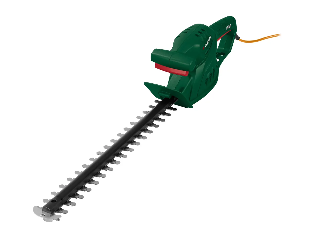 Green electric hedge trimmer with a long blade and an orange power cord.