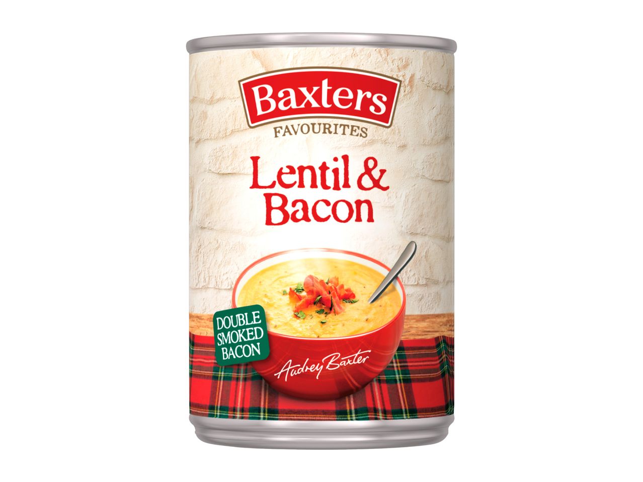 A can of lentil and bacon soup, featuring a bowl of soup with bacon bits and a tartan cloth.