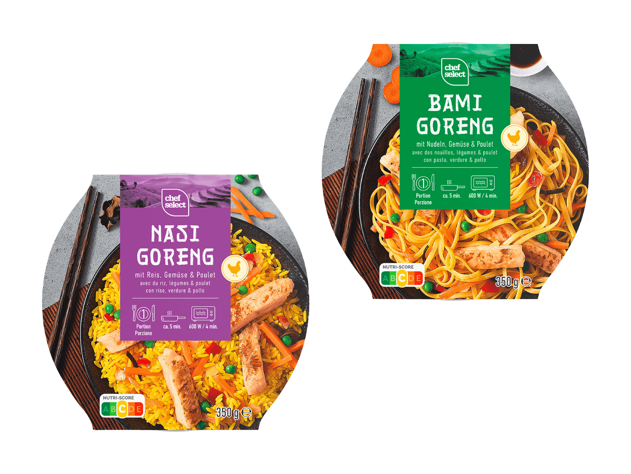 Deux plats préparés : Nasi Goreng au riz et Bami Goreng aux nouilles.