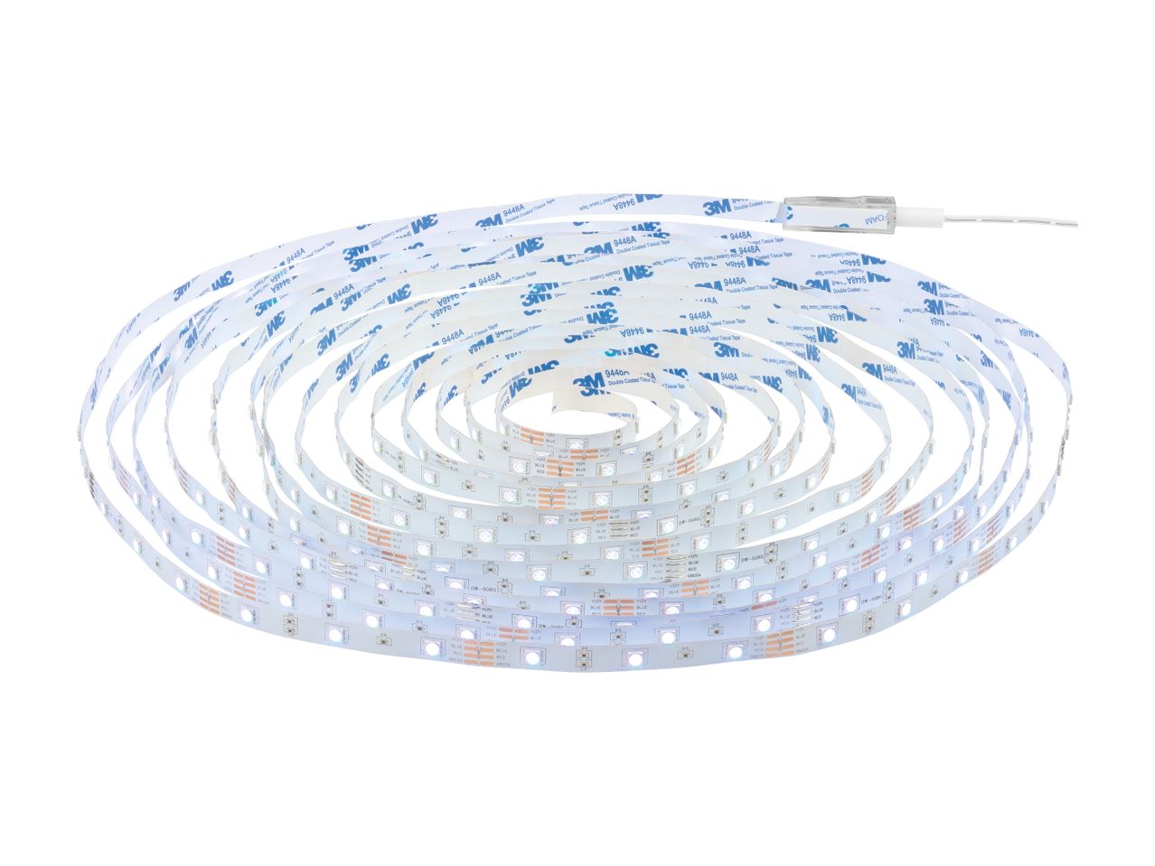 En oprullet LED-strip med 3M dobbeltklæbende tape på bagsiden.