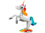 Unicorn Lego multicolor pe un curcubeu.