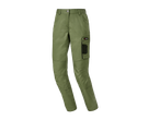 Green work trousers with multiple pockets and reinforced knees.