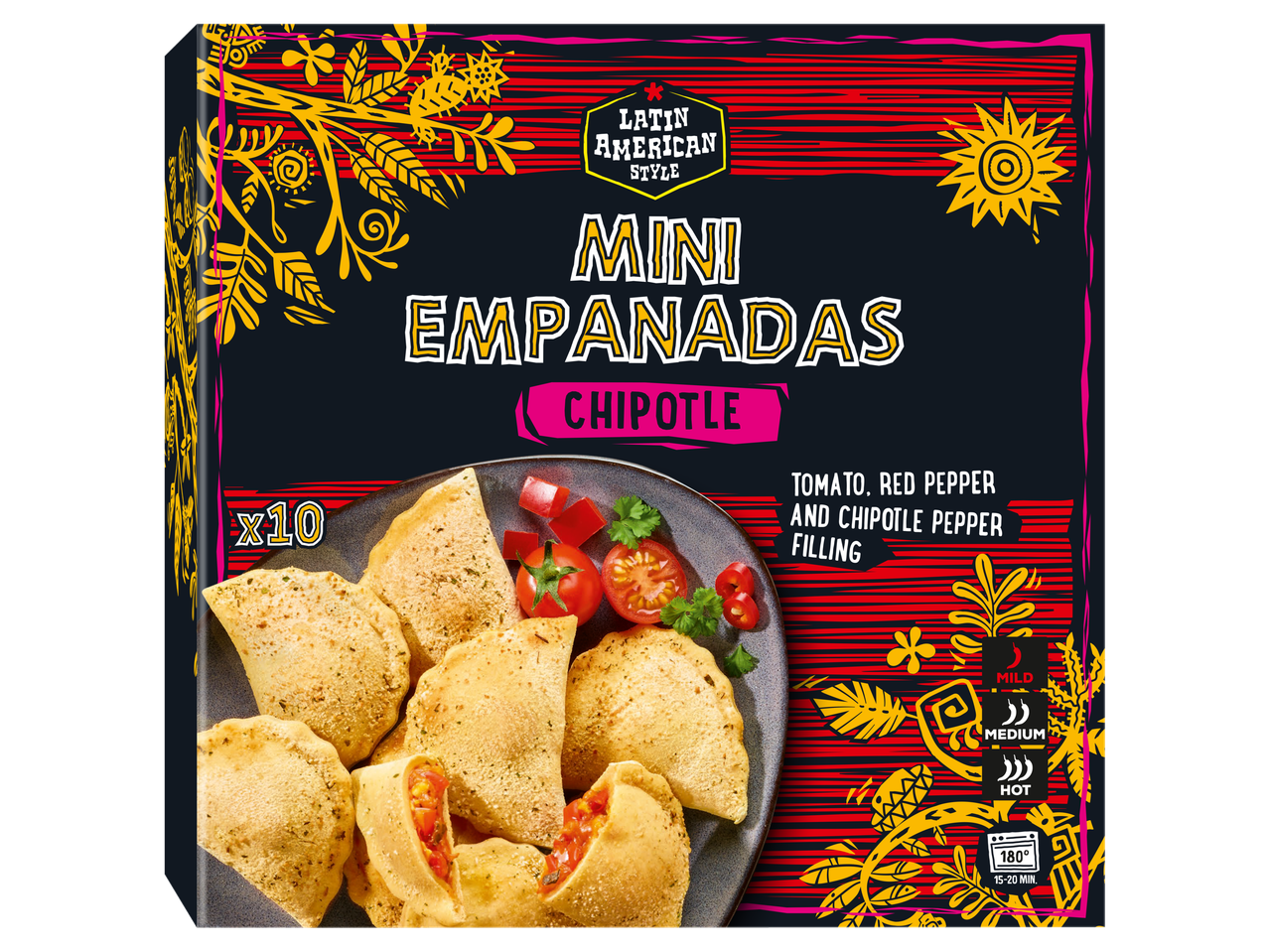 Mini Empanadas Chipotle: 10 Latin American style mini empanadas with tomato and chipotle pepper filling.