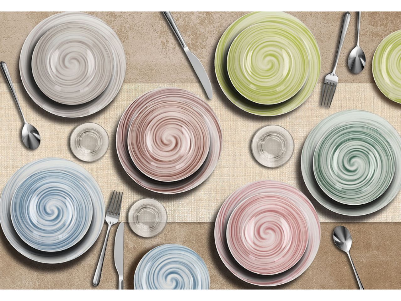 Pastel-colored porcelain dinnerware set with swirling designs.