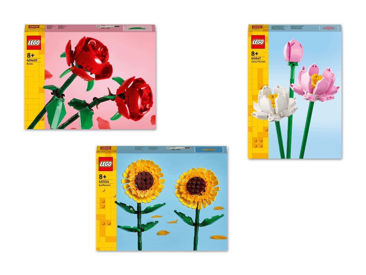 Drei LEGO Blumen-Sets: Rosen, Sonnenblumen und Lotusblumen.