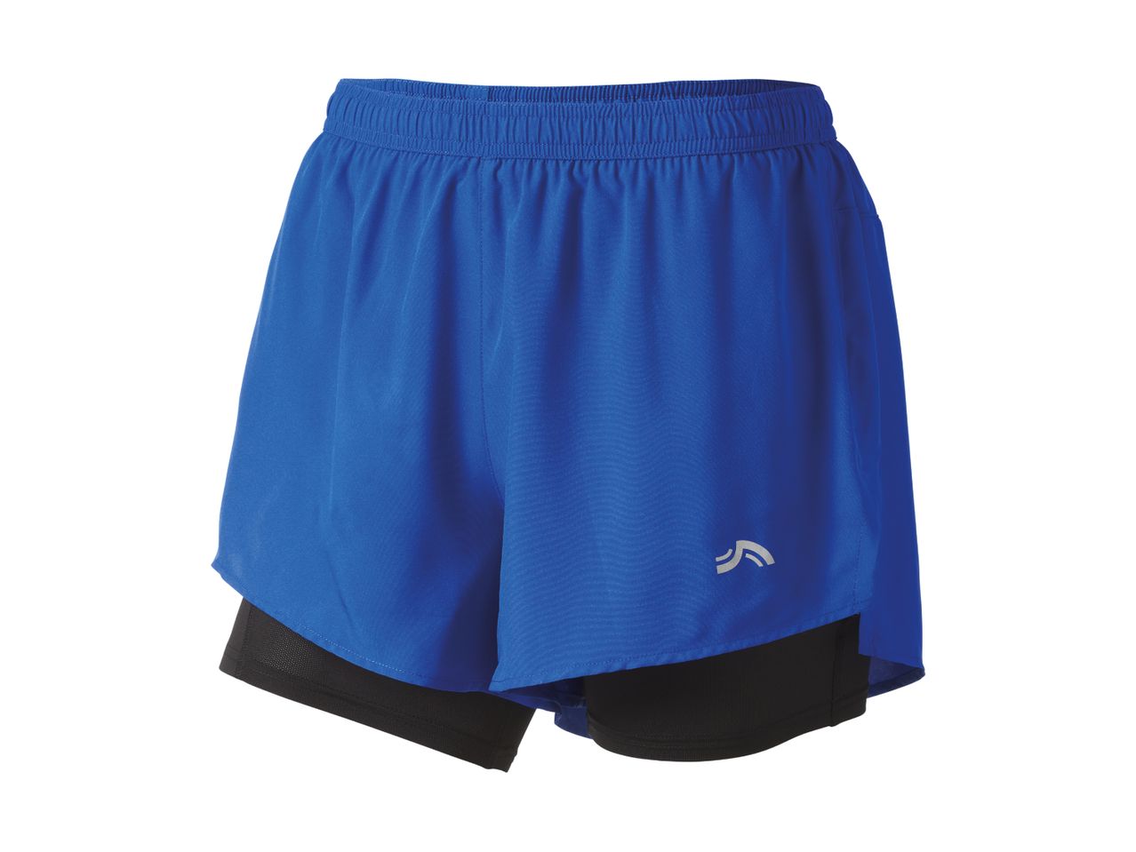 Blue running shorts with black inner shorts and a reflective logo.