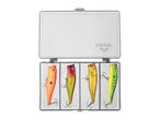 Open tackle box with four colorful fishing lures in orange, red, gold, and green.