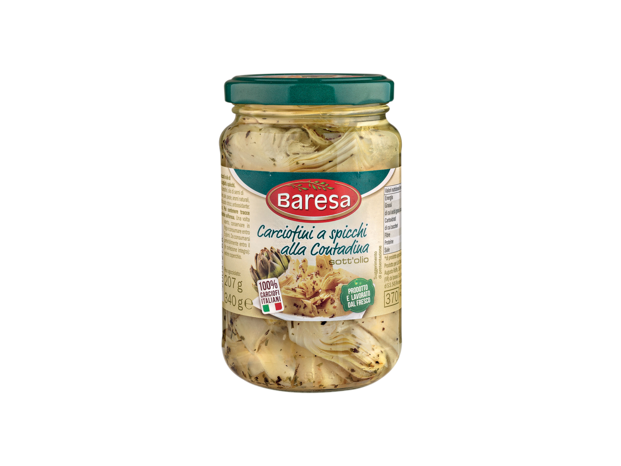 A jar of Baresa Carciofini a spicchi alla Contadina (artichoke hearts in oil).