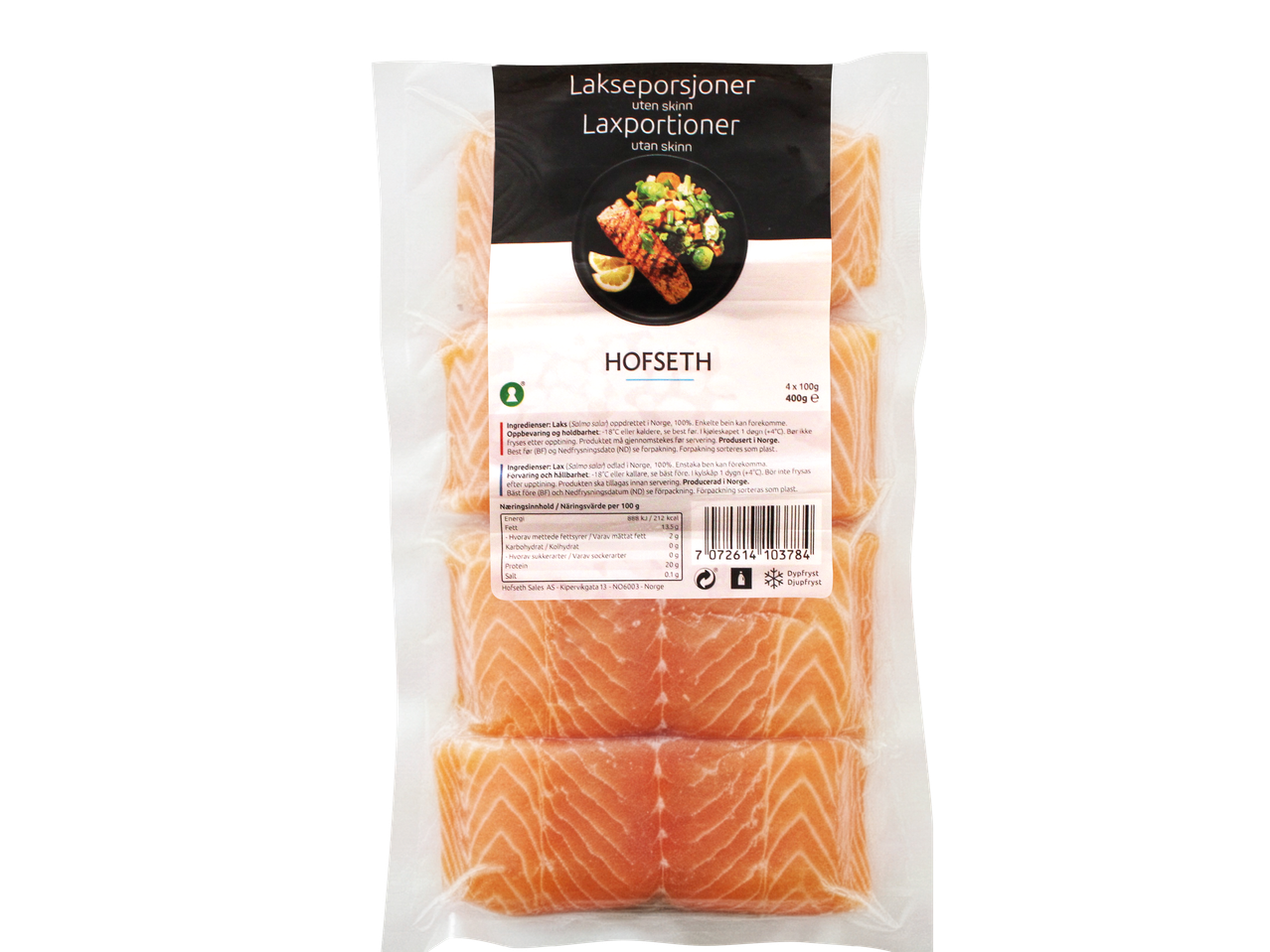 Förpackning med fyra laxportioner utan skinn, med näringsinformation och tillagningsinstruktioner.